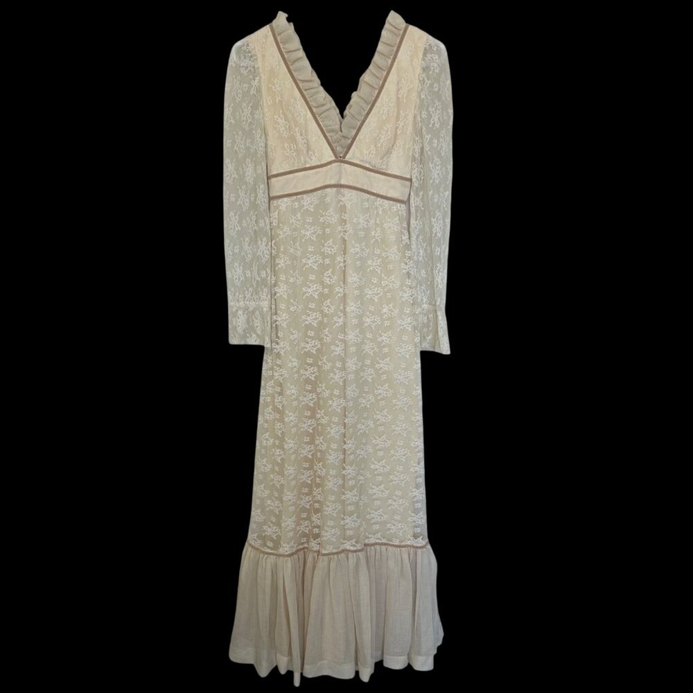 Candi Jones 1970s Vtg Prairie Dress Sz 7 Ivory Lace Edwardian Victorian Cottage